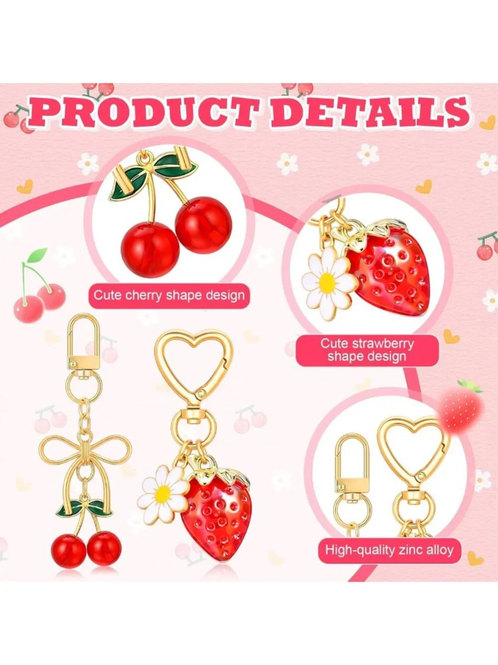 Cute Heart Bow Cherry Strawberry Keychain Party Favors | Flower Daisy Bag Charm